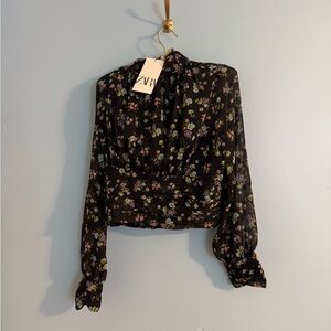 NWT ZARA black sheer with floral detail blouse size S